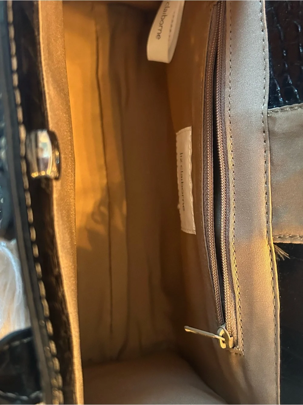 Y2K Liz Claiborne Black Croc-Embossed Patent Tote Handbag